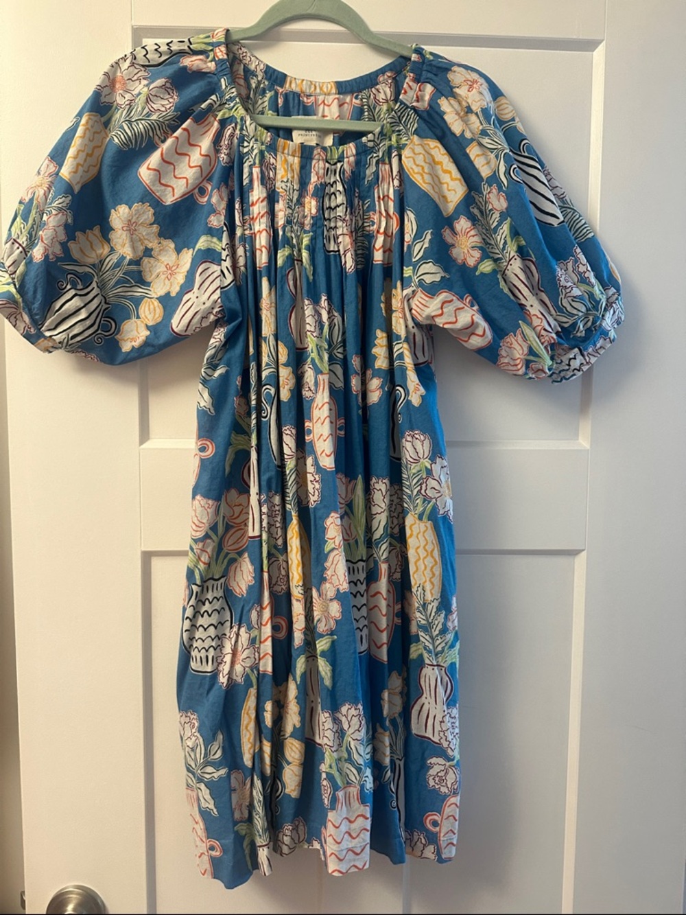 Printfresh Blue Floral & Vase Print Puff-Sleeve Dress